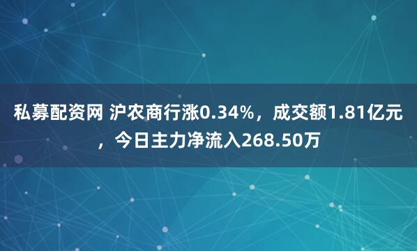 私募配资网 沪农商行涨0.34%，成交额1.81亿元，今日主力净流入268.50万